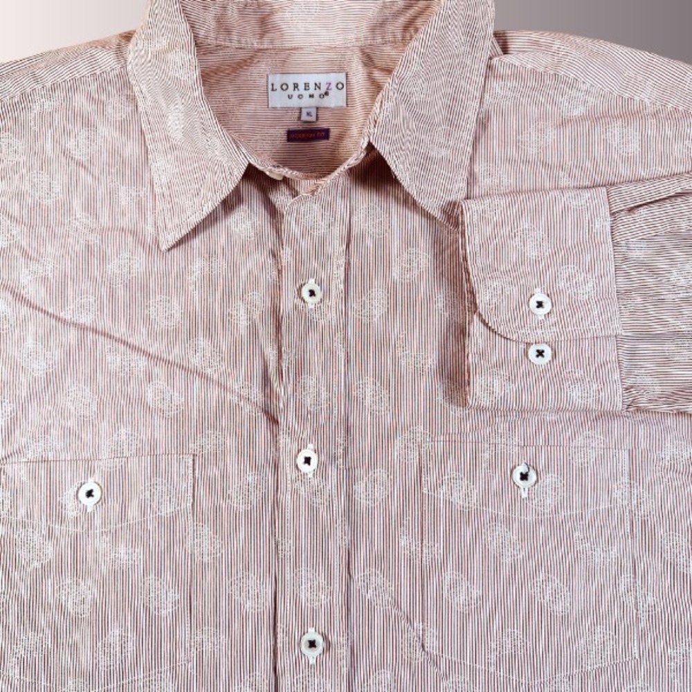 Lorenzo Uomo Shirt Mens XL Red White Striped Paisley Long Sleeve Button Down
